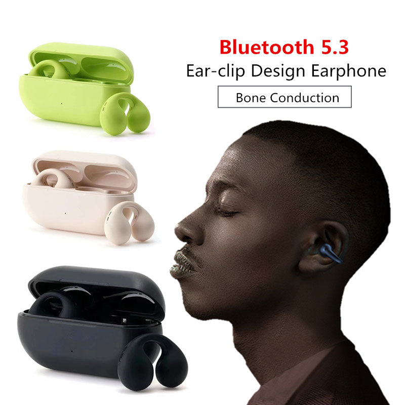 Bluetooth 5.3 Ear Clip Wireless Earbuds | Bone Conduction Open Ear Headset | Secure Fit | Touch Control | Charging Case