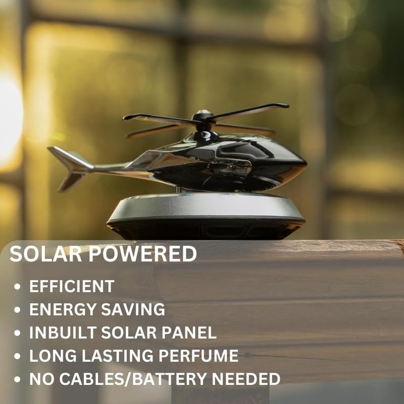 Solar Powered Car Aroma Diffuser Helicopter Air Freshener – Dashboard Perfume Decor | Metal + ABS, Refillable Fragrance (Random Color)