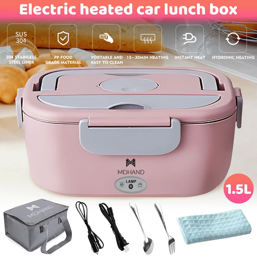 Electric Lunch Box Food Warmer Portable Food Heater for Car Or Home - Leak Proof 304 Stainless Steel Liner with Cloth