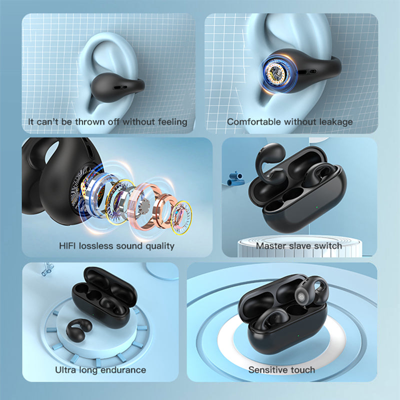 Bluetooth 5.3 Ear Clip Wireless Earbuds | Bone Conduction Open Ear Headset | Secure Fit | Touch Control | Charging Case