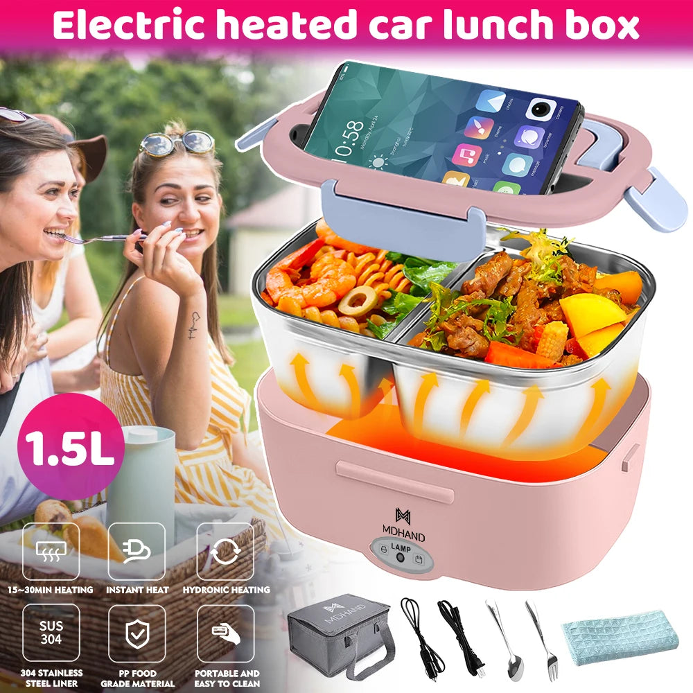 Electric Lunch Box Food Warmer Portable Food Heater for Car Or Home - Leak Proof 304 Stainless Steel Liner with Cloth