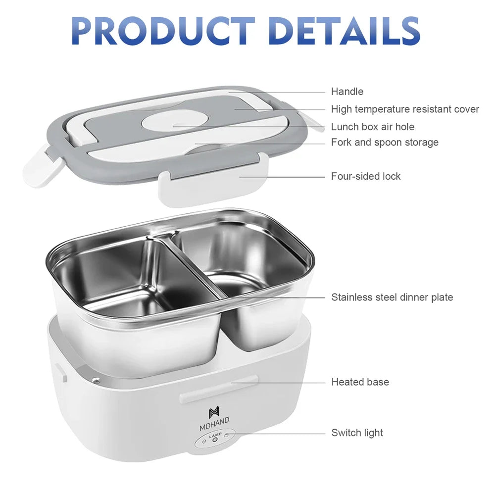 Electric Lunch Box Food Warmer Portable Food Heater for Car Or Home - Leak Proof 304 Stainless Steel Liner with Cloth