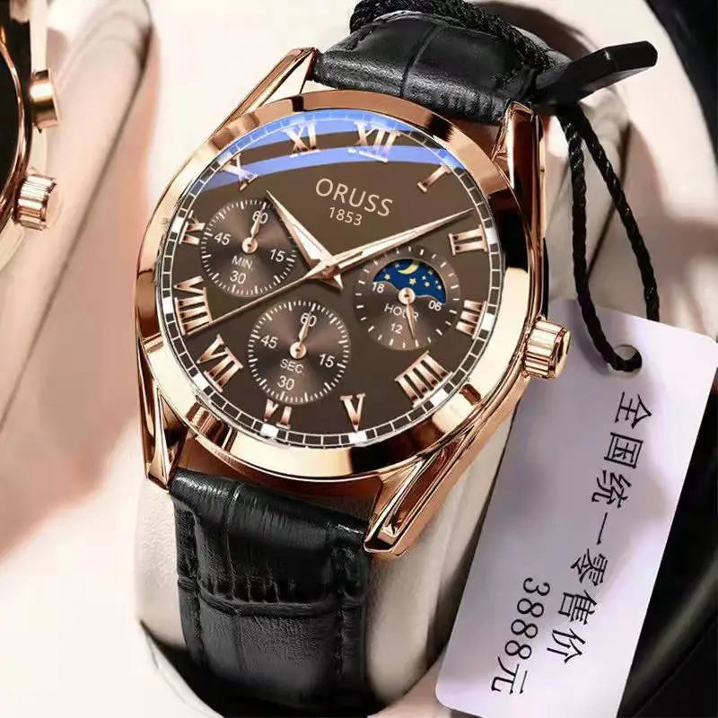 Oriss 185 Men's Luminous Waterproof Chronograph Watch Brown Leather Strap