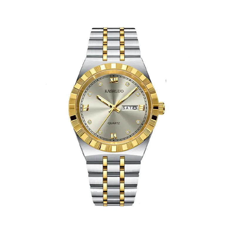 Men's Dual Calendar Ultra-Thin Quartz Watch with Gold Bracelet