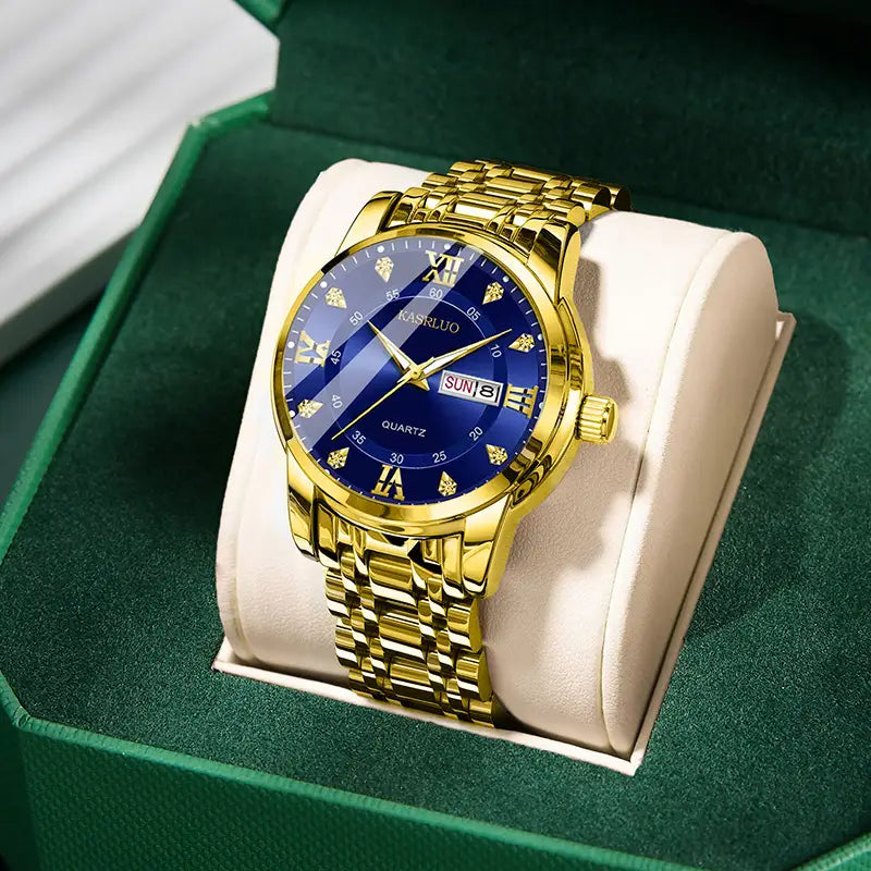 Men's Gold Plated Quartz Watch with Blue Dial