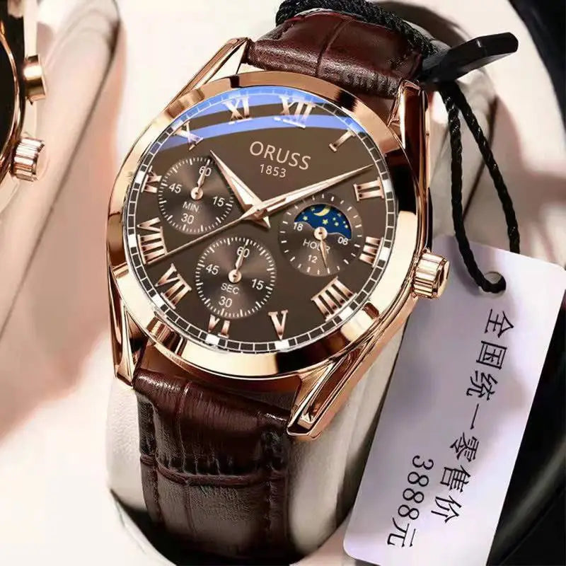 Oriss 185 Men's Luminous Waterproof Chronograph Watch Brown Leather Strap