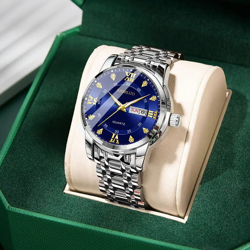 Men's Gold Plated Quartz Watch with Blue Dial